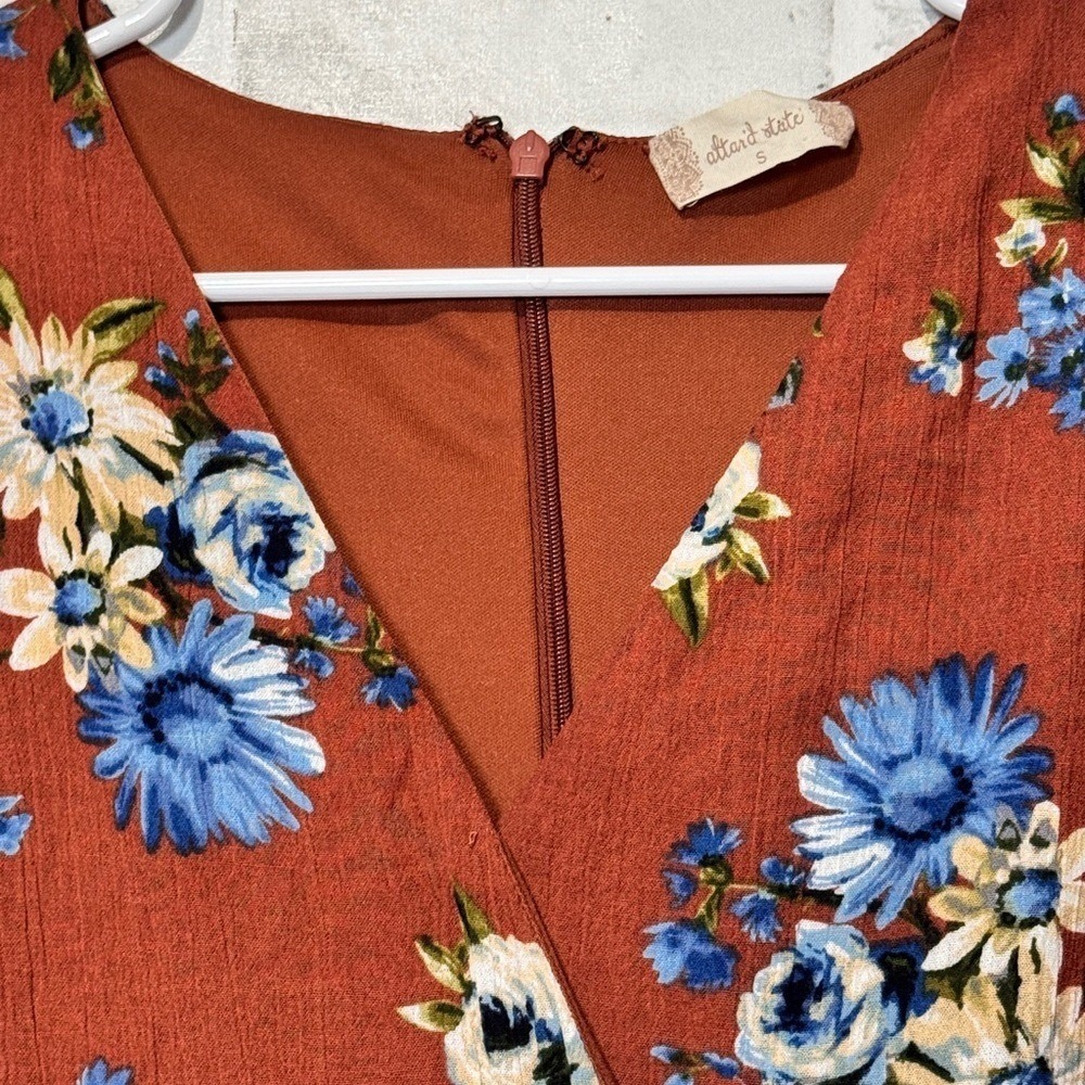 Altar'd State Rust Floral Wrap Mini Dress 3/4 Sleeve Ruffle Hem Small - Picture 4 of 12
